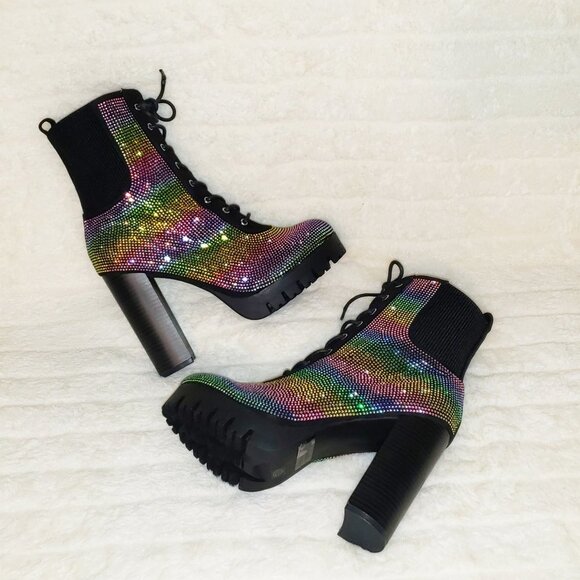 Rainbow Sparkle Rhinestone Chunky High Heel Ankle Boots - Picture 4 of 17